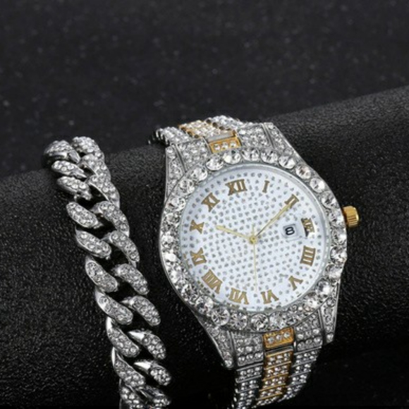 2pcs/set Rhinestone Large Dial Steel Strap Quartz Zinc Alloy Watch - Picture 5 of 7